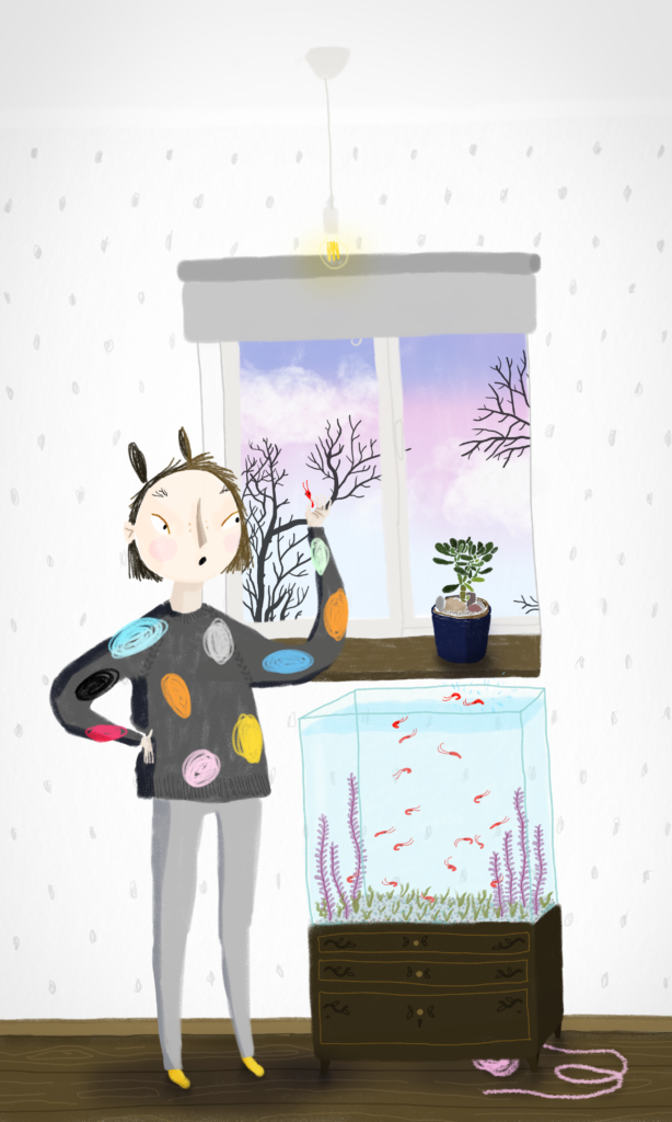 Digital colourful kids illustration with little girl and a tank of shrimp